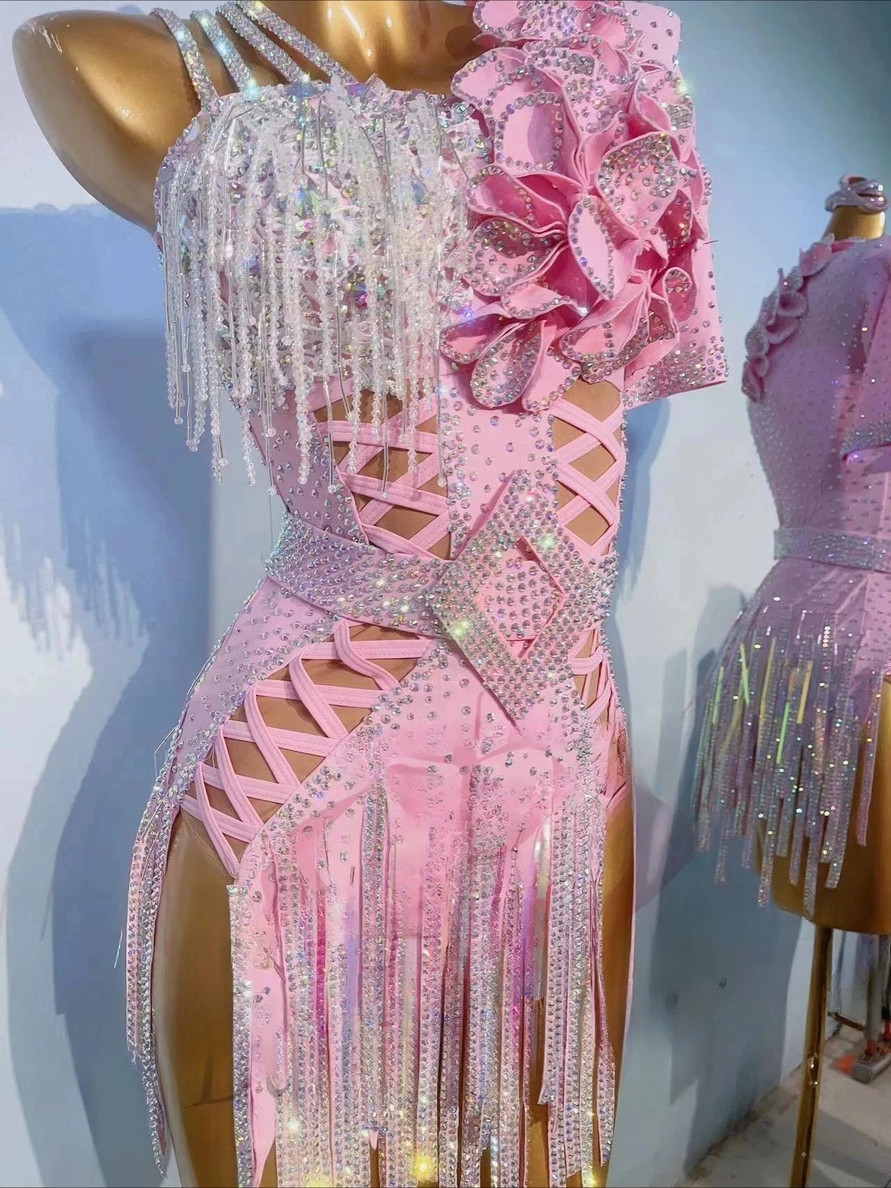 Pink Latin Rhythm Dress - Luxury Crystal Fringe Competition Costume