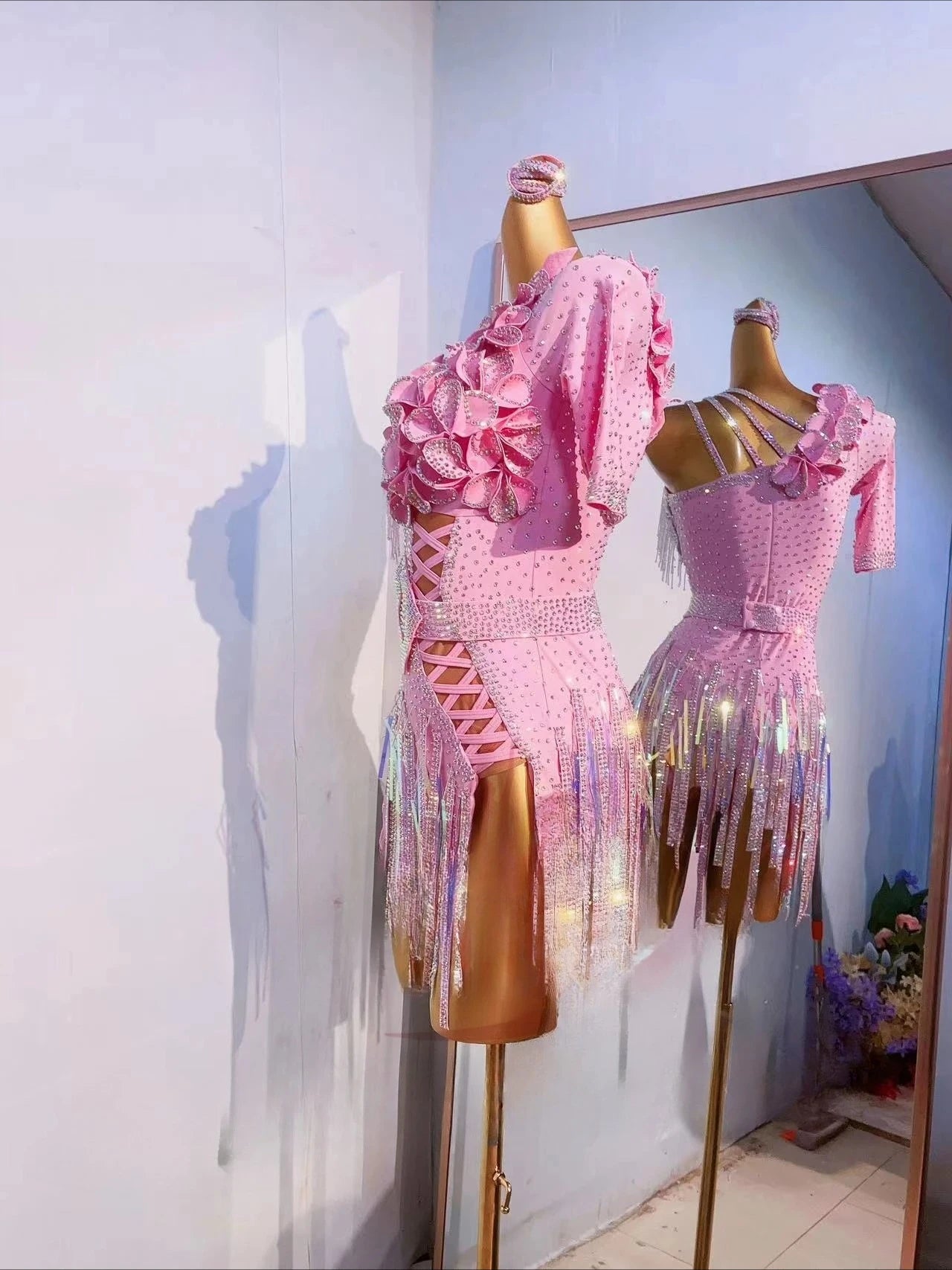 Pink Latin Rhythm Dress - Luxury Crystal Fringe Competition Costume