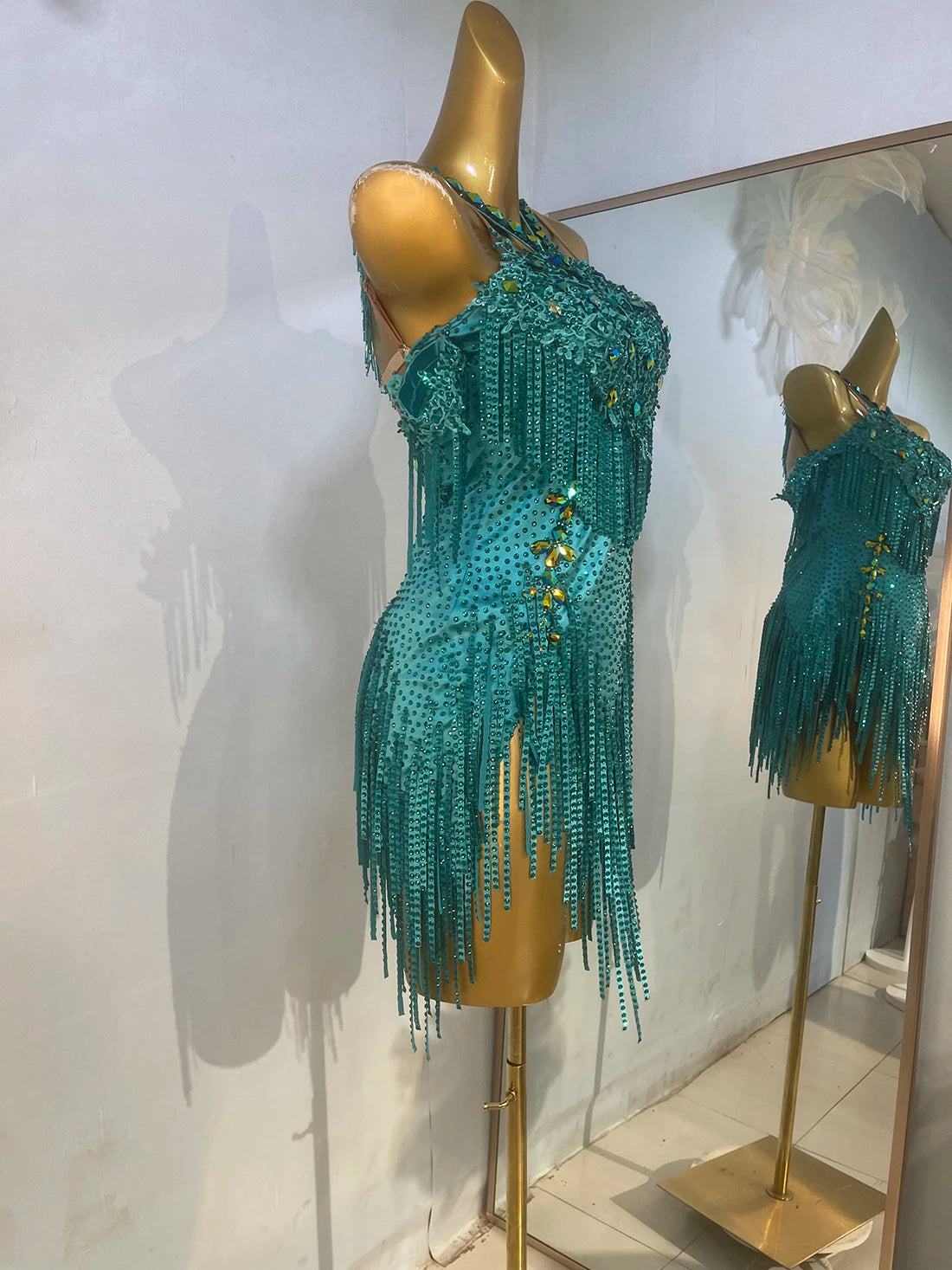 Custom Size Emerald Green with Gold Crystal Latin Dance Dress Competition Blackpool Dance Wear