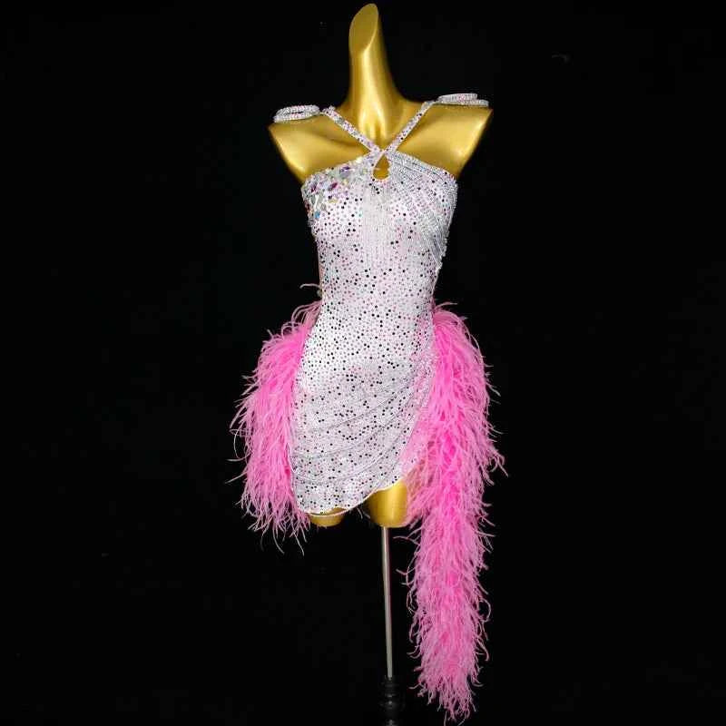 Custom Competition Feather Latin Dance Dress Royal Blue Red Fuchsia Pink Blackpool Salsa Samba Dance Clothes