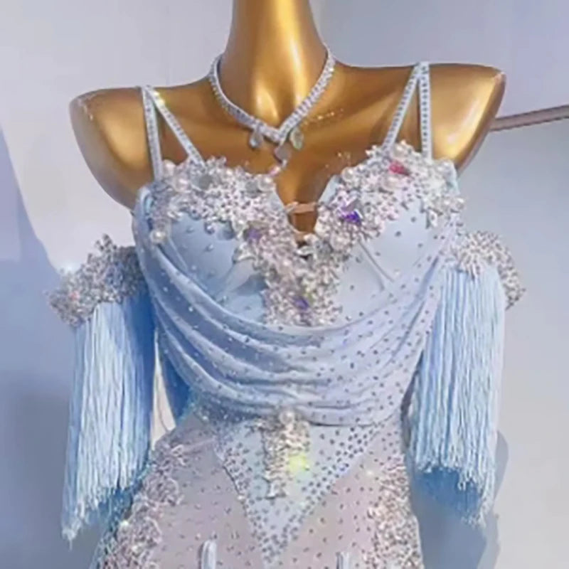 Custom Light Pink Latin Competition Dress with Draped Bodice & Rhinestone Fringe
