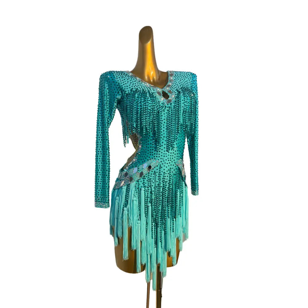 Custom Size Turquoise Latin Dance Dresses for Women Girls Salsa Rumba Chacha Diamond Dance Costumes