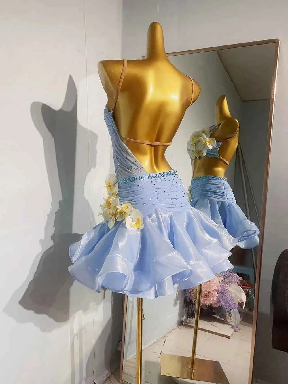 Custom Light Blue Latin Dance Dress 3D Flowers Girls Salsa Chacha Ballroom Solo Dance Costume