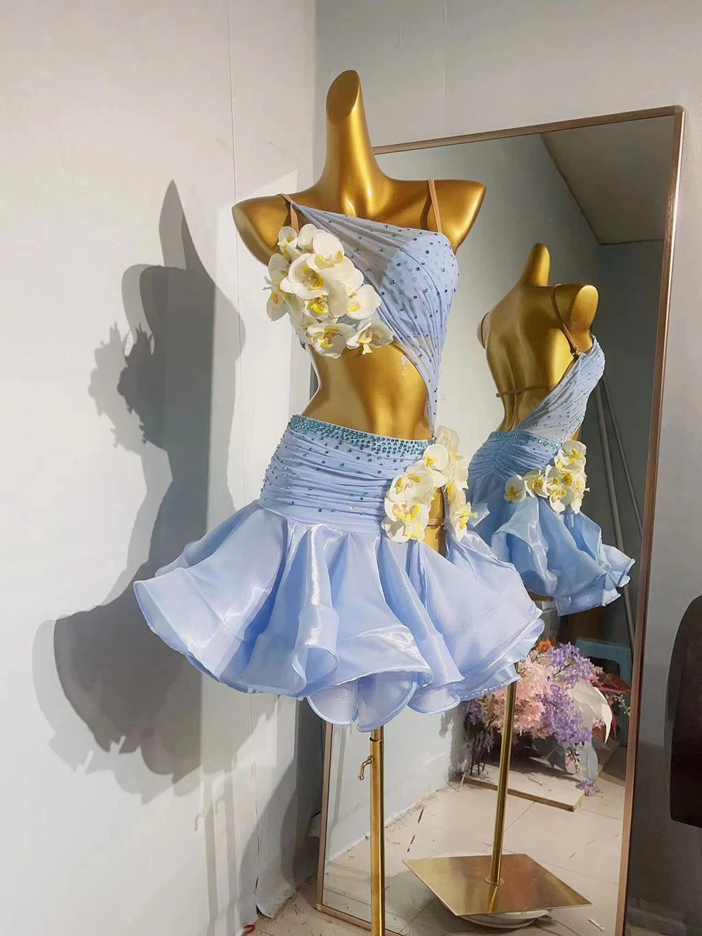 Custom Light Blue Latin Dance Dress 3D Flowers Girls Salsa Chacha Ballroom Solo Dance Costume