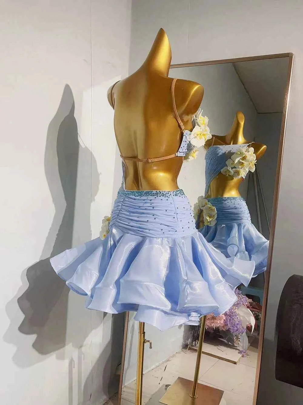 Custom Light Blue Latin Dance Dress 3D Flowers Girls Salsa Chacha Ballroom Solo Dance Costume