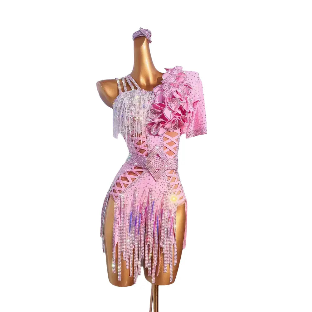 Pink Latin Rhythm Dress - Luxury Crystal Fringe Competition Costume