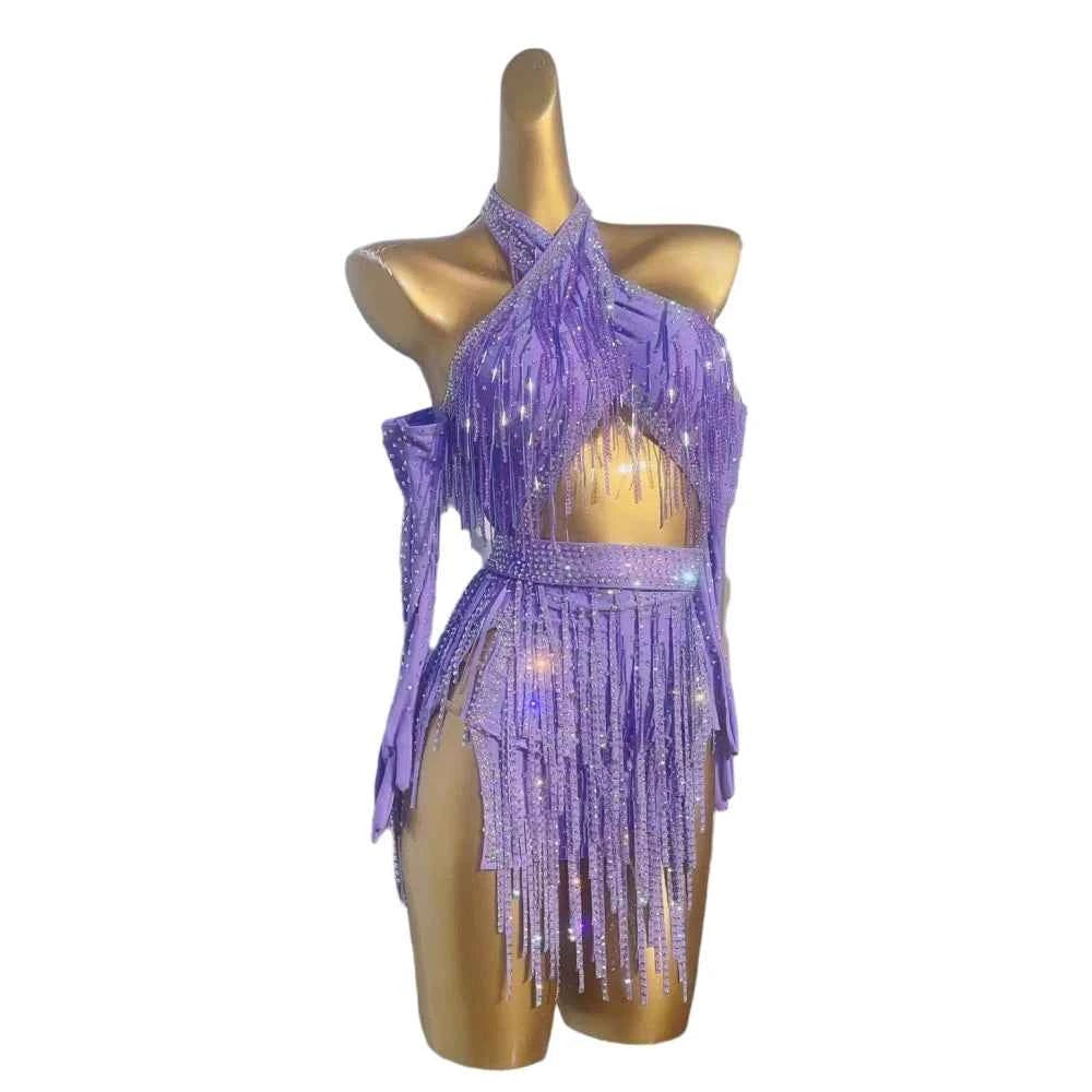 Custom Size Bling Fringe Latin Dance Dress for Women Light Blue Lavender Blackpool Dance Wear