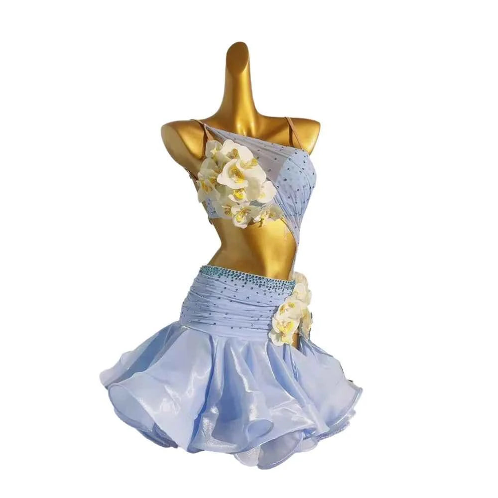 Custom Light Blue Latin Dance Dress 3D Flowers Girls Salsa Chacha Ballroom Solo Dance Costume