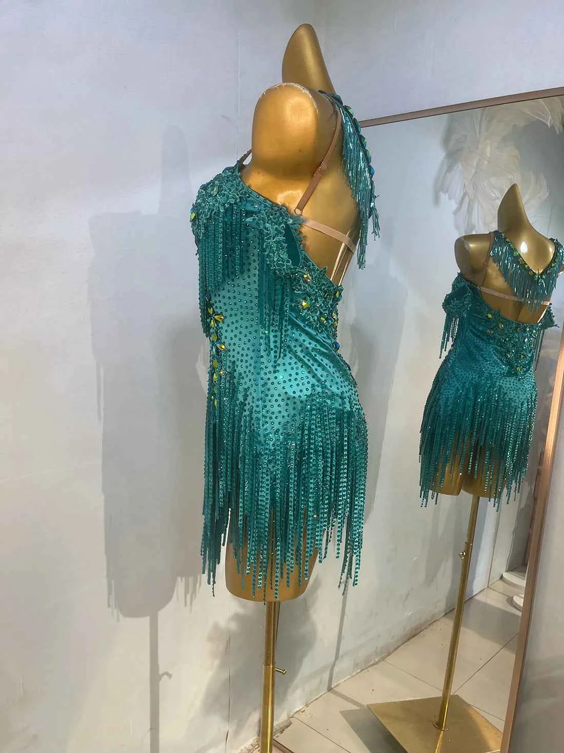 Custom Size Emerald Green with Gold Crystal Latin Dance Dress Competition Blackpool Dance Wear