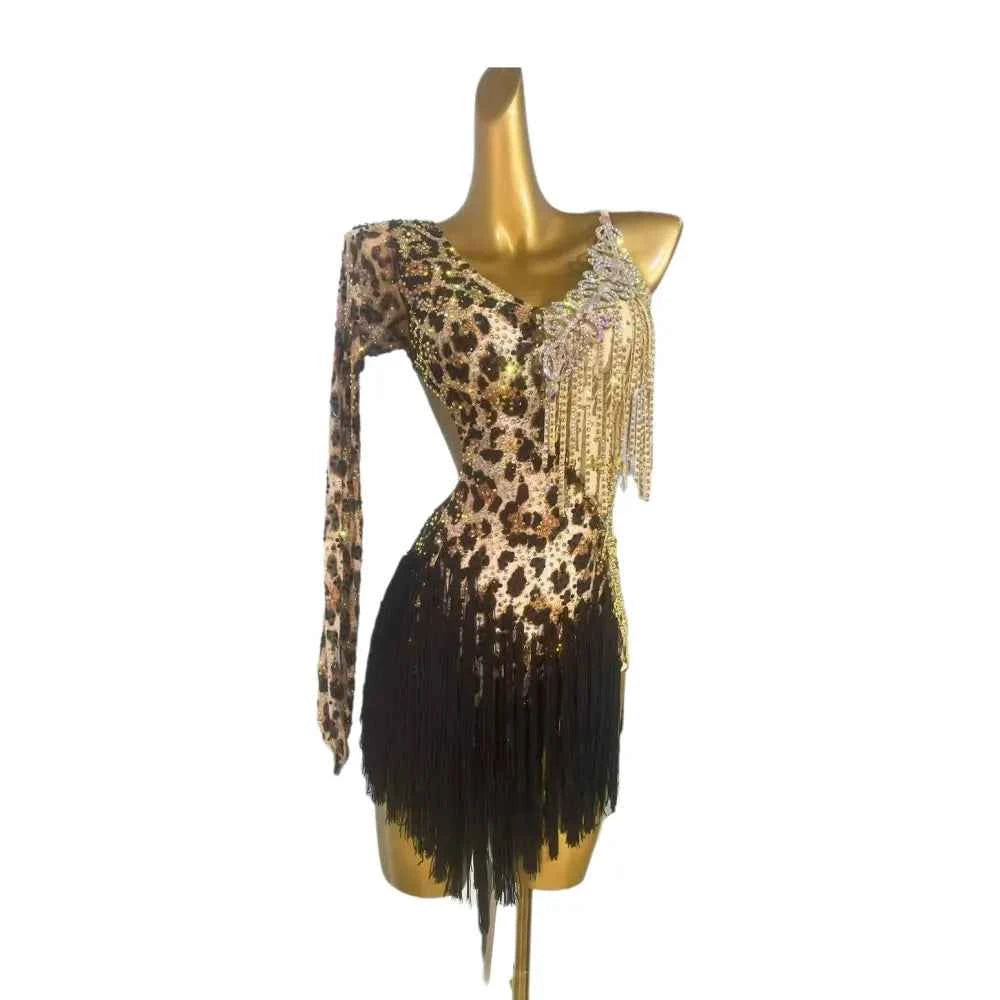 Custom Size Leopard Latin Dance Dresses for Women One Shoulder Rhinestones Salsa Rumba Chacha Dance Costumes