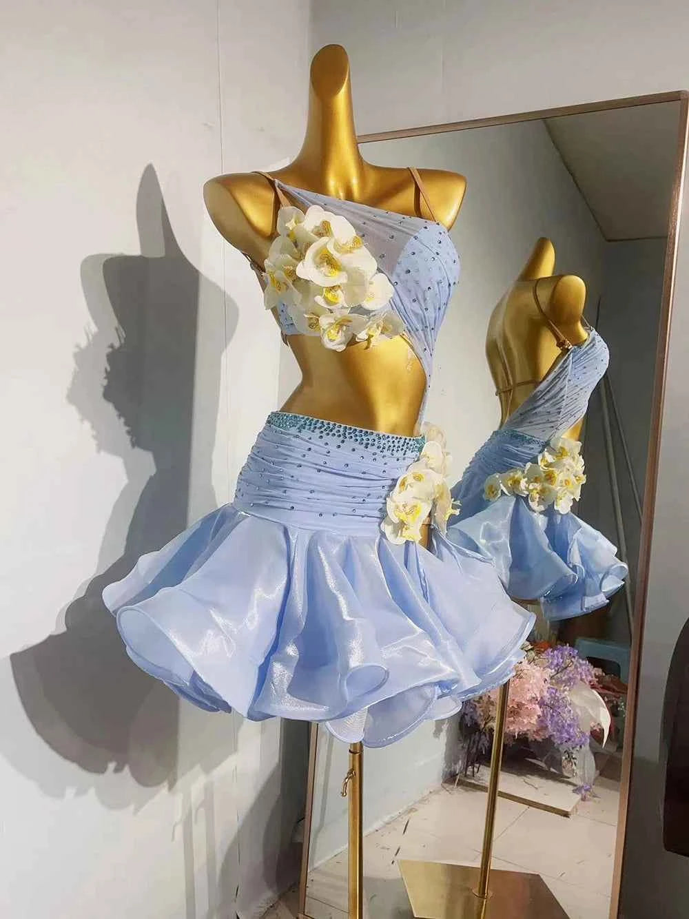 Custom Light Blue Latin Dance Dress 3D Flowers Girls Salsa Chacha Ballroom Solo Dance Costume