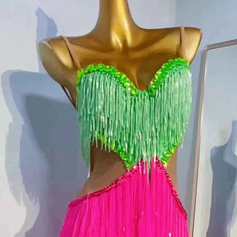 Custom Size Fuchsia with Green Crystal Fringe Competition Latin Dance Dress Blackpool Dance Wear
