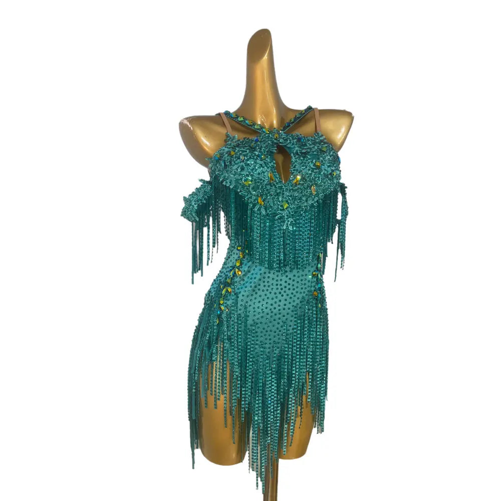 Custom Size Emerald Green with Gold Crystal Latin Dance Dress Competition Blackpool Dance Wear