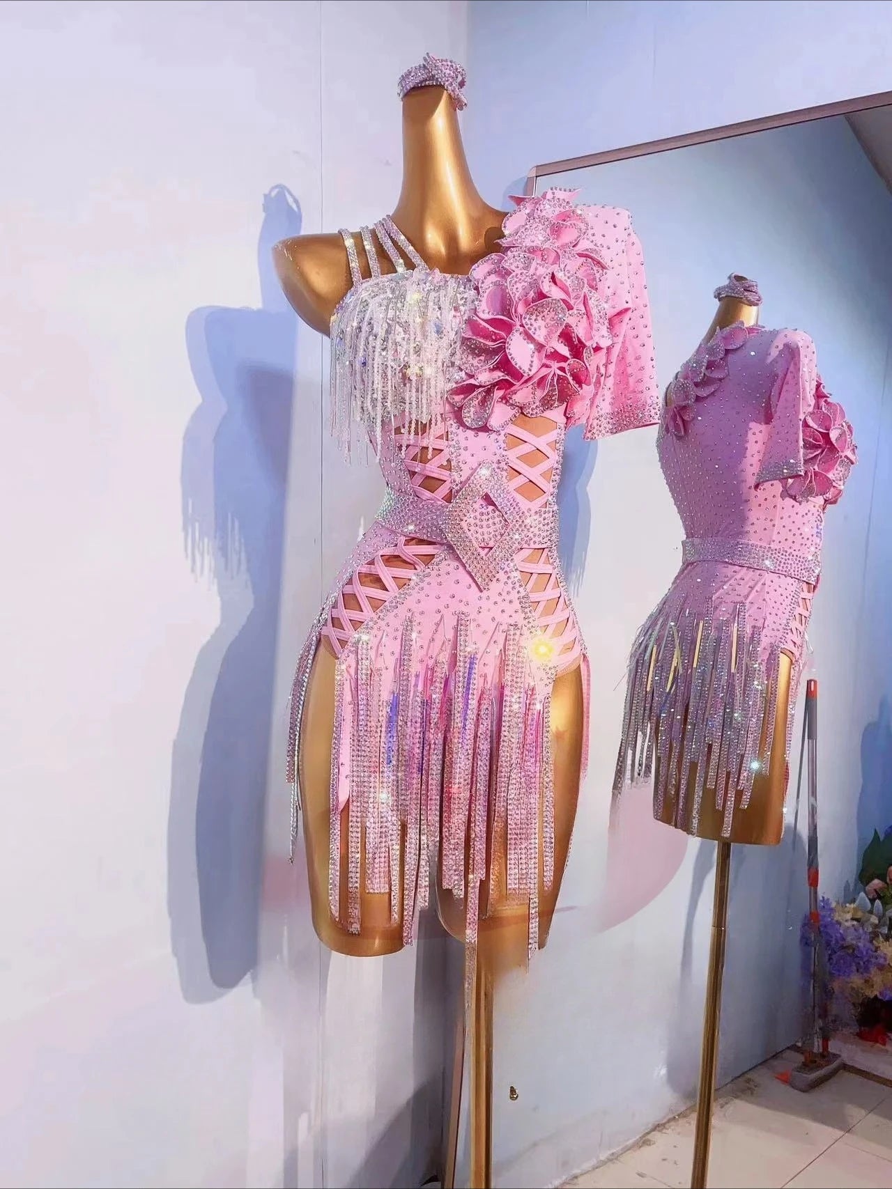 Pink Latin Rhythm Dress - Luxury Crystal Fringe Competition Costume