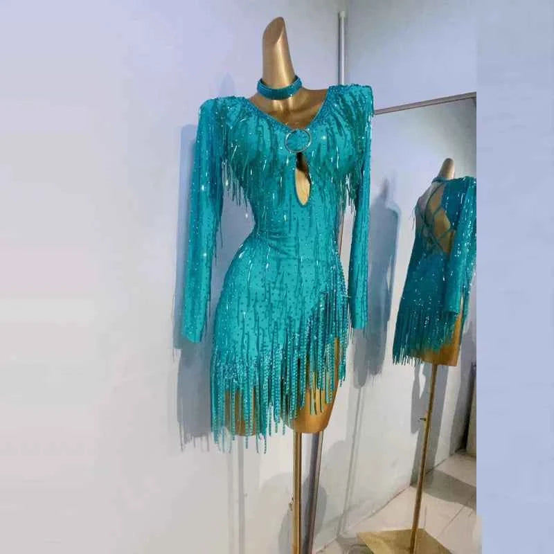 Custom Size Latin Dance Dresses for Women Girls Turquoise Diamond Tassel Salsa Rumba Chacha Dance Costumes