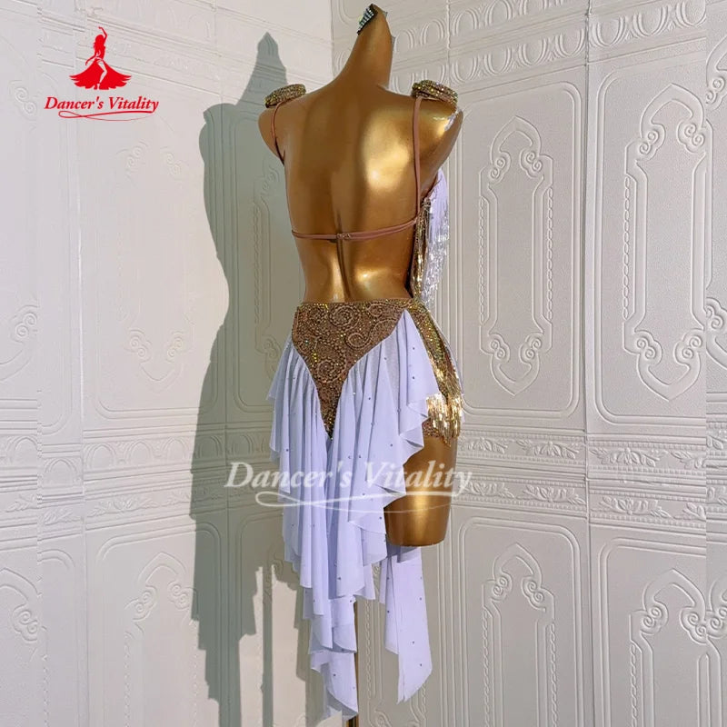 Custom Turquoise Gold Fringe Latin Dance Dress for Competition Salsa Ballroom Gown