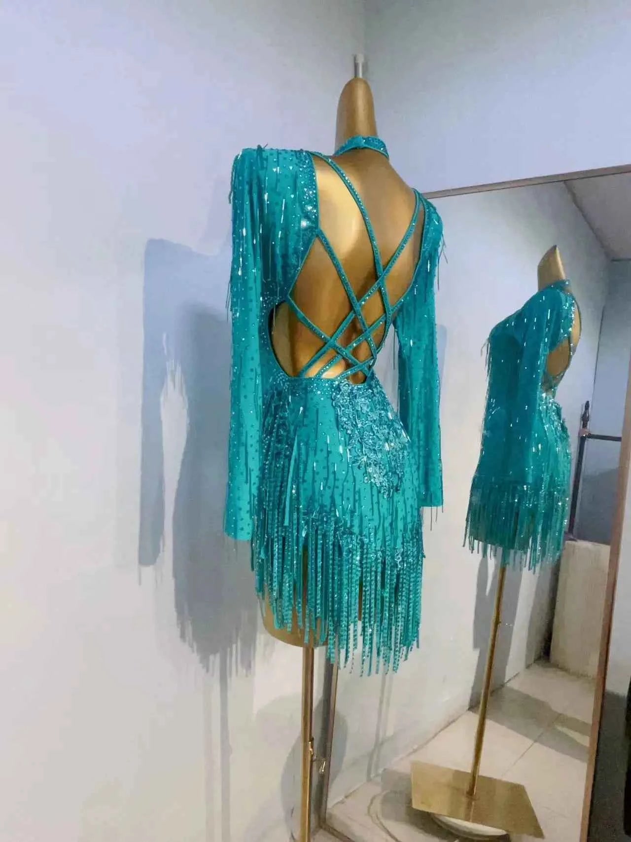Custom Size Latin Dance Dresses for Women Girls Turquoise Diamond Tassel Salsa Rumba Chacha Dance Costumes