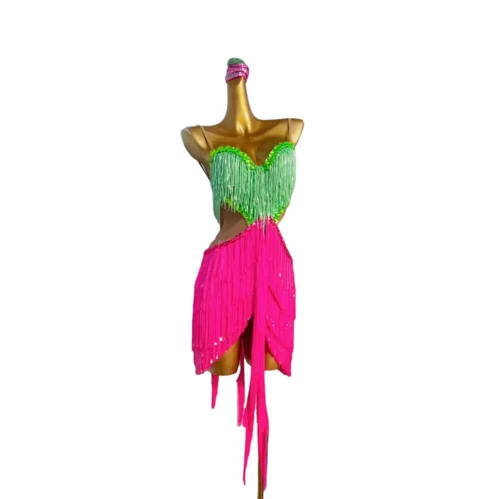 Custom Size Fuchsia with Green Crystal Fringe Competition Latin Dance Dress Blackpool Dance Wear