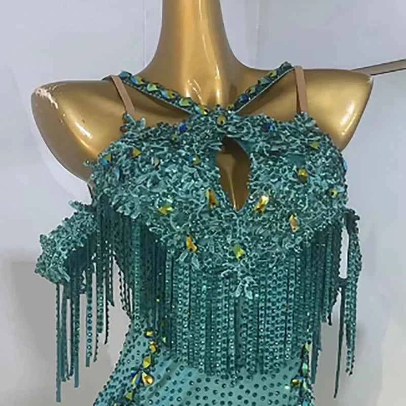 Custom Size Emerald Green with Gold Crystal Latin Dance Dress Competition Blackpool Dance Wear