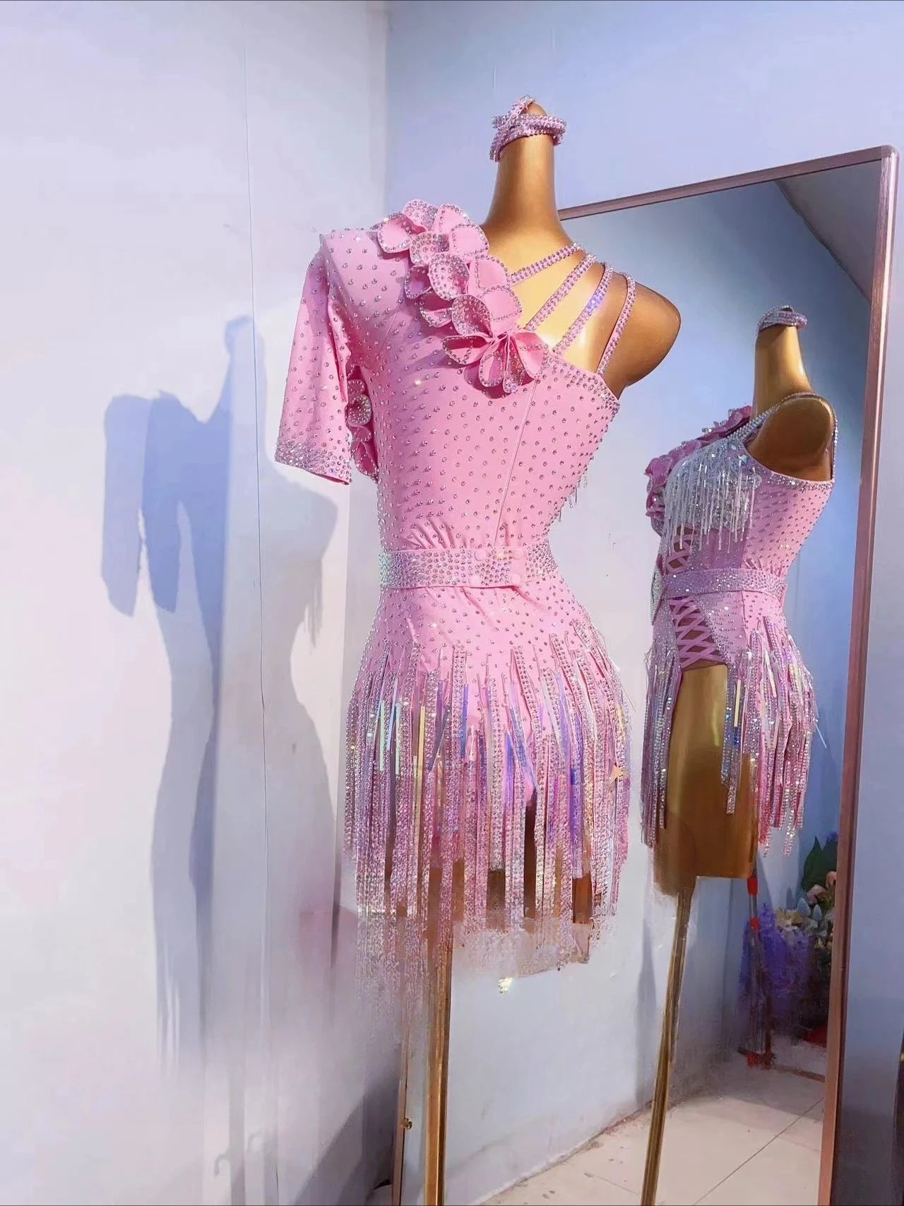 Pink Latin Rhythm Dress - Luxury Crystal Fringe Competition Costume