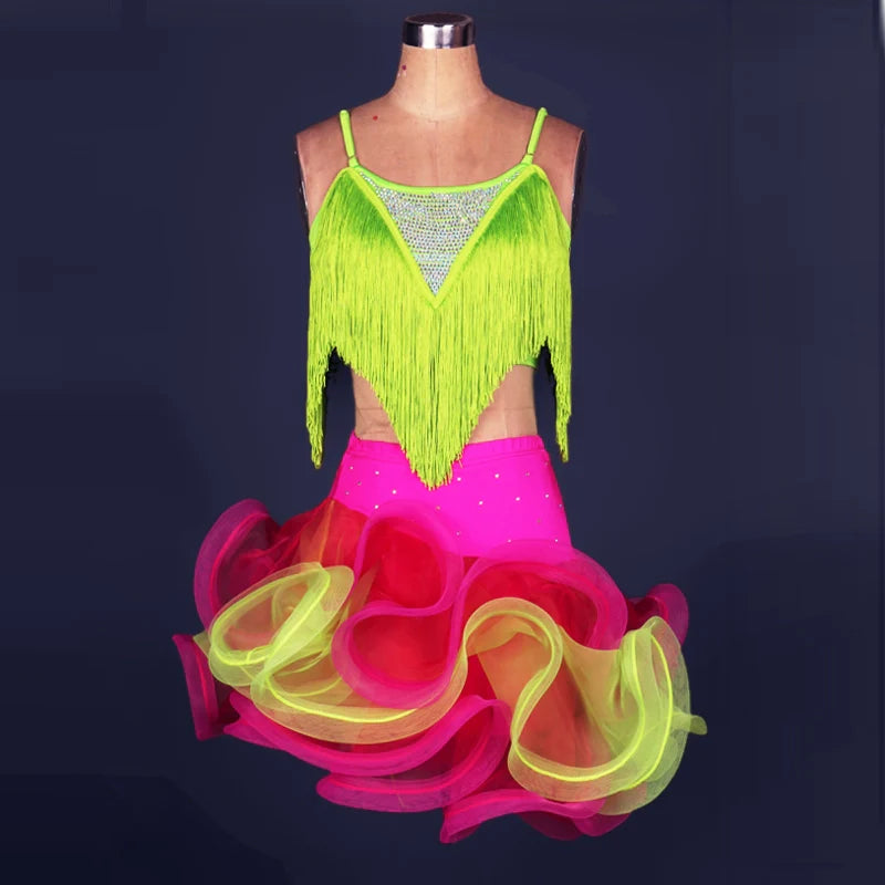 Latin Dance Dresses Mesh Long Sleeve Dance  Performing Dresses Rhinestones Long Sleev Dress - Moderndancedress.com