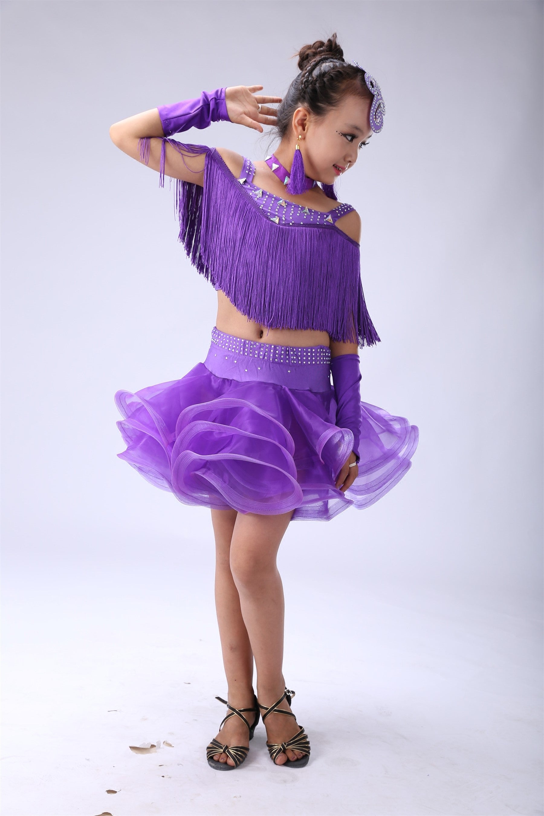 Girls orange pink blue Tassel Latin dance dresses children ballroom salsa rumba chacha performance dress modern dance performance outfits - Moderndancedress.com