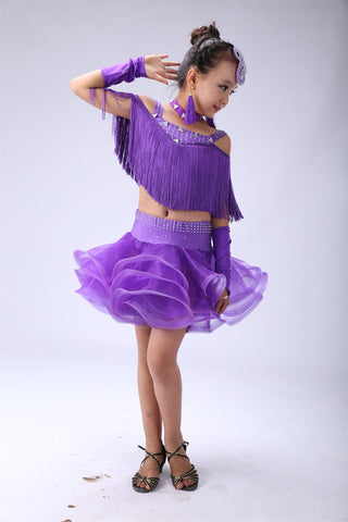 Girls orange pink blue Tassel Latin dance dresses children ballroom salsa rumba chacha performance dress modern dance performance outfits - Moderndancedress.com