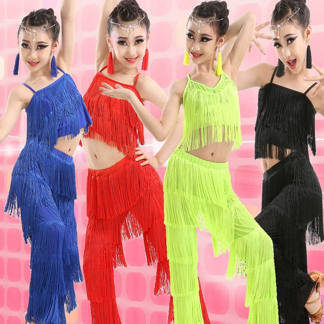 latin dance dresses for sale ballroom plus size fringe tassel dress pants sequin fringe salsa samba costume kids children girls - Moderndancedress.com