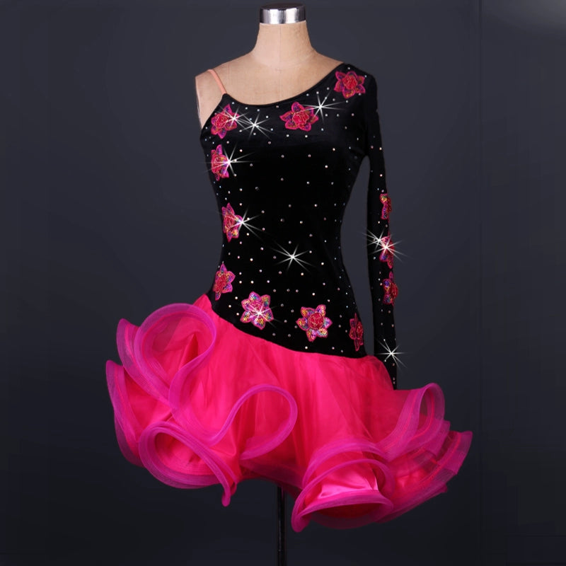 diamond-inlaid Latin dance competition dress imported velvet Latin dance dress for adult performance - Moderndancedress.com