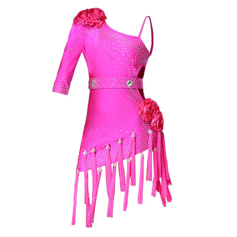 Children's Competition latin dance dresses blue pink red white slant one shoulder Latin dance performance costumes chacha rumba salsa dance outfits - Moderndancedress.com