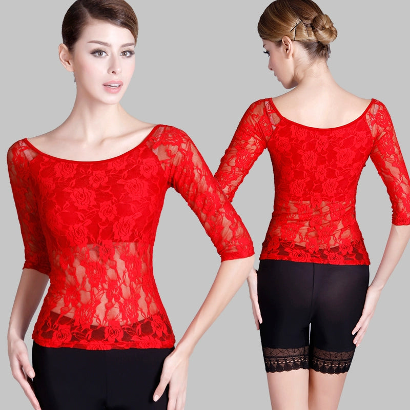 Latin dance jacket national standard long sleeve lace Dance Costume stretch lace lady Modern Dance Dress - Moderndancedress.com
