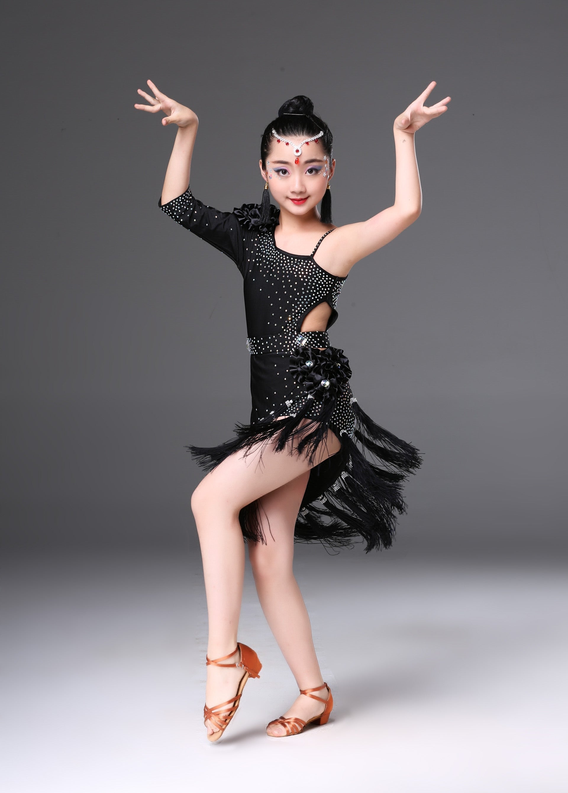 Children's Competition latin dance dresses blue pink red white slant one shoulder Latin dance performance costumes chacha rumba salsa dance outfits - Moderndancedress.com