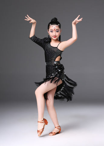 Children's Competition latin dance dresses blue pink red white slant one shoulder Latin dance performance costumes chacha rumba salsa dance outfits - Moderndancedress.com