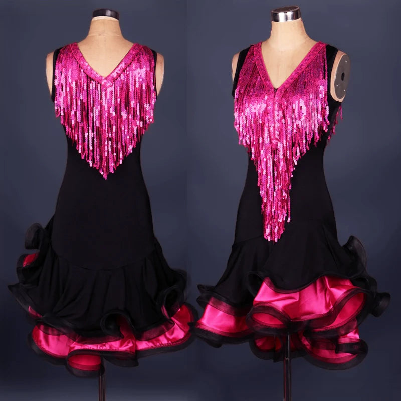 V-neck sequined Latin Dance Dresses for adult women Latin dance contest dress for performance