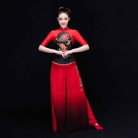 Chinese Folk Dance Costumes Yangge Clothes Fan Umbrella Dance Performing Classical Dance Performing Apparel in China Wind Square - Moderndancedress.com