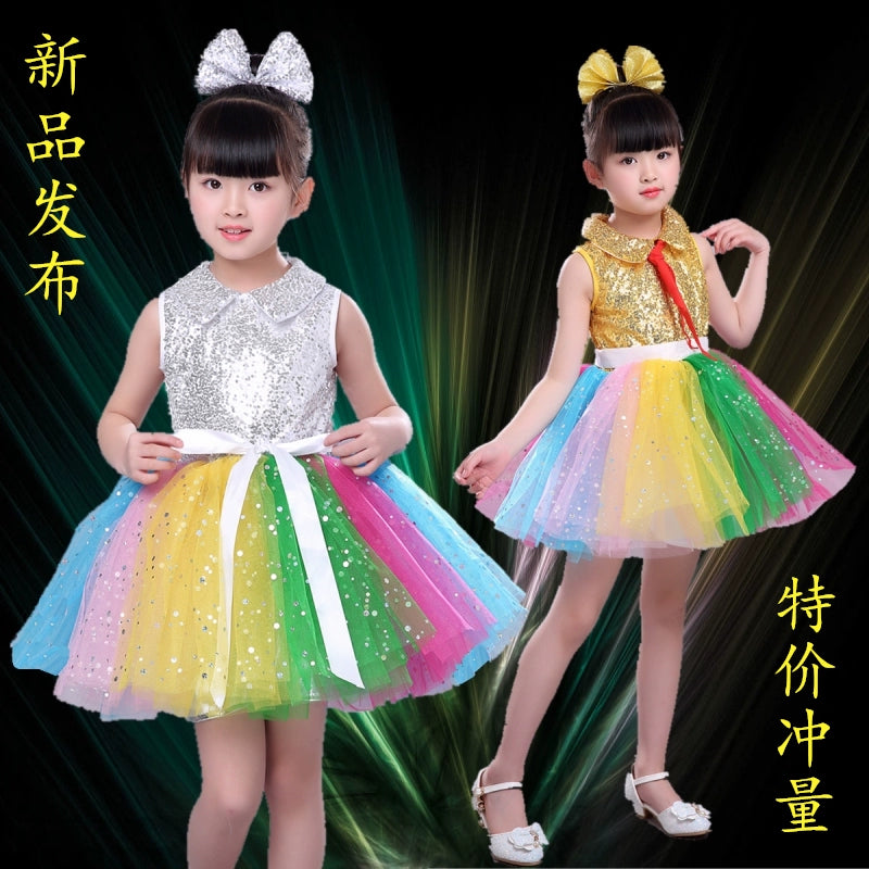 Girls Jazz Dance Costumes Performing Dresses Princess Dresses Chorus Kindergarten Sequins Performing Dresses - 