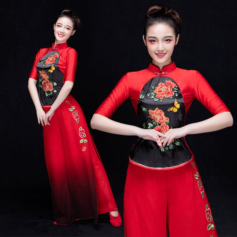 Chinese Folk Dance Costumes Yangge Clothes Fan Umbrella Dance Performing Classical Dance Performing Apparel in China Wind Square - Moderndancedress.com