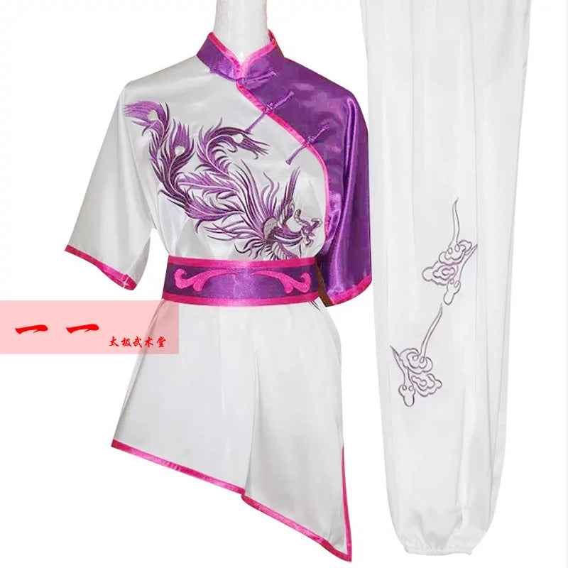 Martial Arts Clothes  Kungfu clothes High-grade short-sleeved martial arts clothing for children adult embroidery Phoenix women martial arts performance dress color dress morning exercise dress