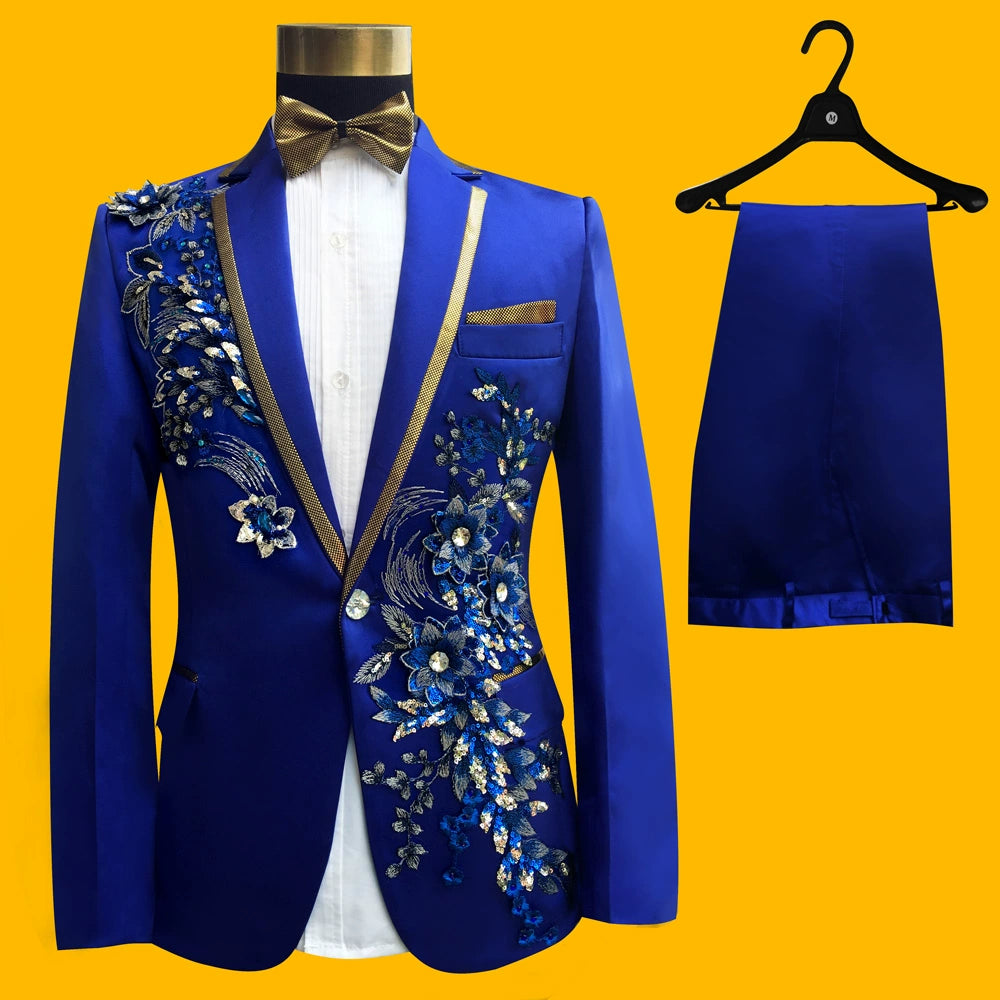 Passionate Male new wedding singer stage performance Slim prescription embroidered characteristics of the master suit suit - Moderndancedress.com