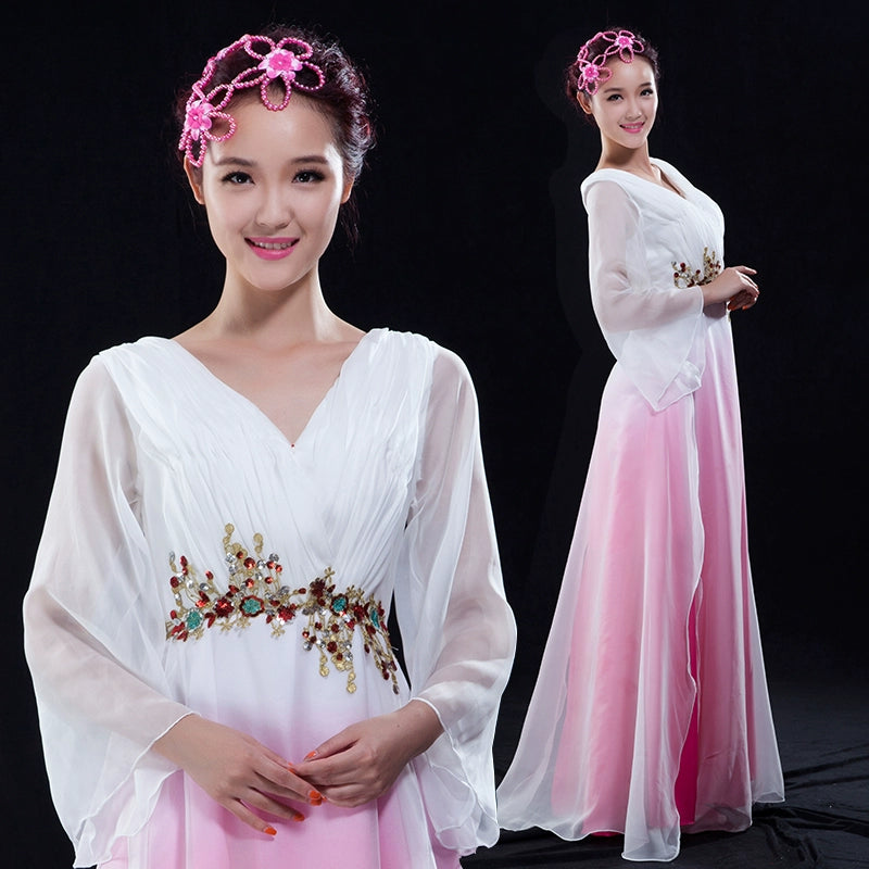 Chinese Folk Dance Costumes Classical Dance Costume Performing Dresses Women&amp;apos;s Water Sleeve Fan Dance Chorus Dresses Modern Dance Adults - Moderndancedress.com