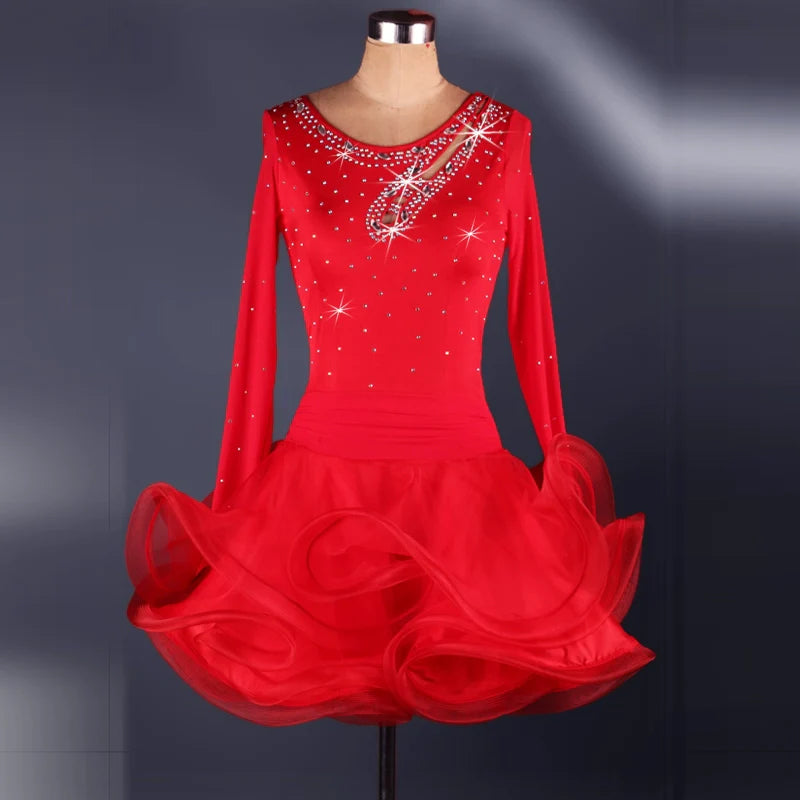 Latin dance dress with diamond inlay Latin Dance Costume competition dress for adult female Latin Dance Costume - Moderndancedress.com