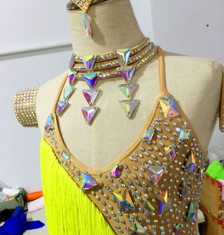 Children Coral yellow fringe competition Latin dance dresses for girls kids tube beads gemstones salsa rumba chacha dance outfits - Moderndancedress.com