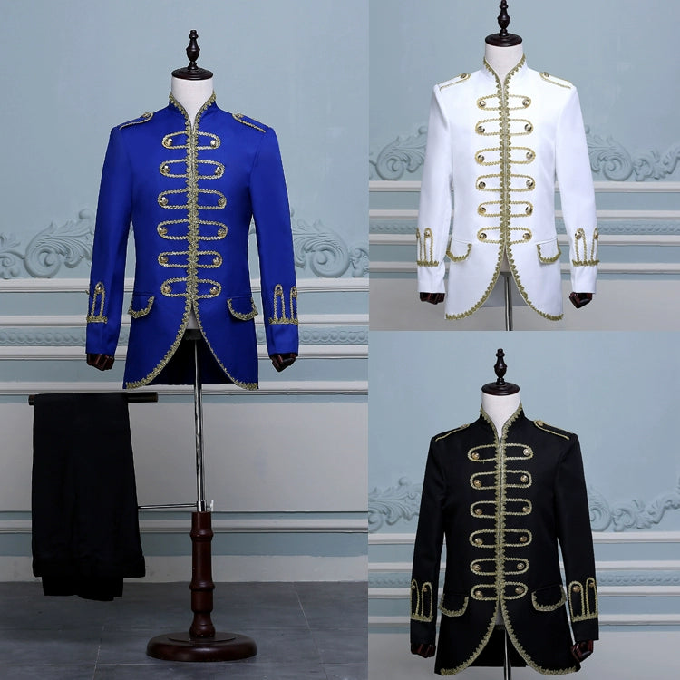 blue black white suit male dancer singer dress performance show nightclub Blazer Outdoors Slim wear groom prom(jacket+pants) - Moderndancedress.com