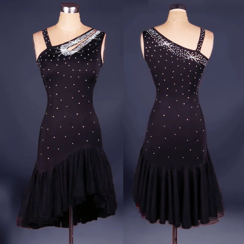 Latin Dance Dresses Mesh Long Sleeve Dance  Performing Dresses Rhinestones Long Sleev Dress - Moderndancedress.com