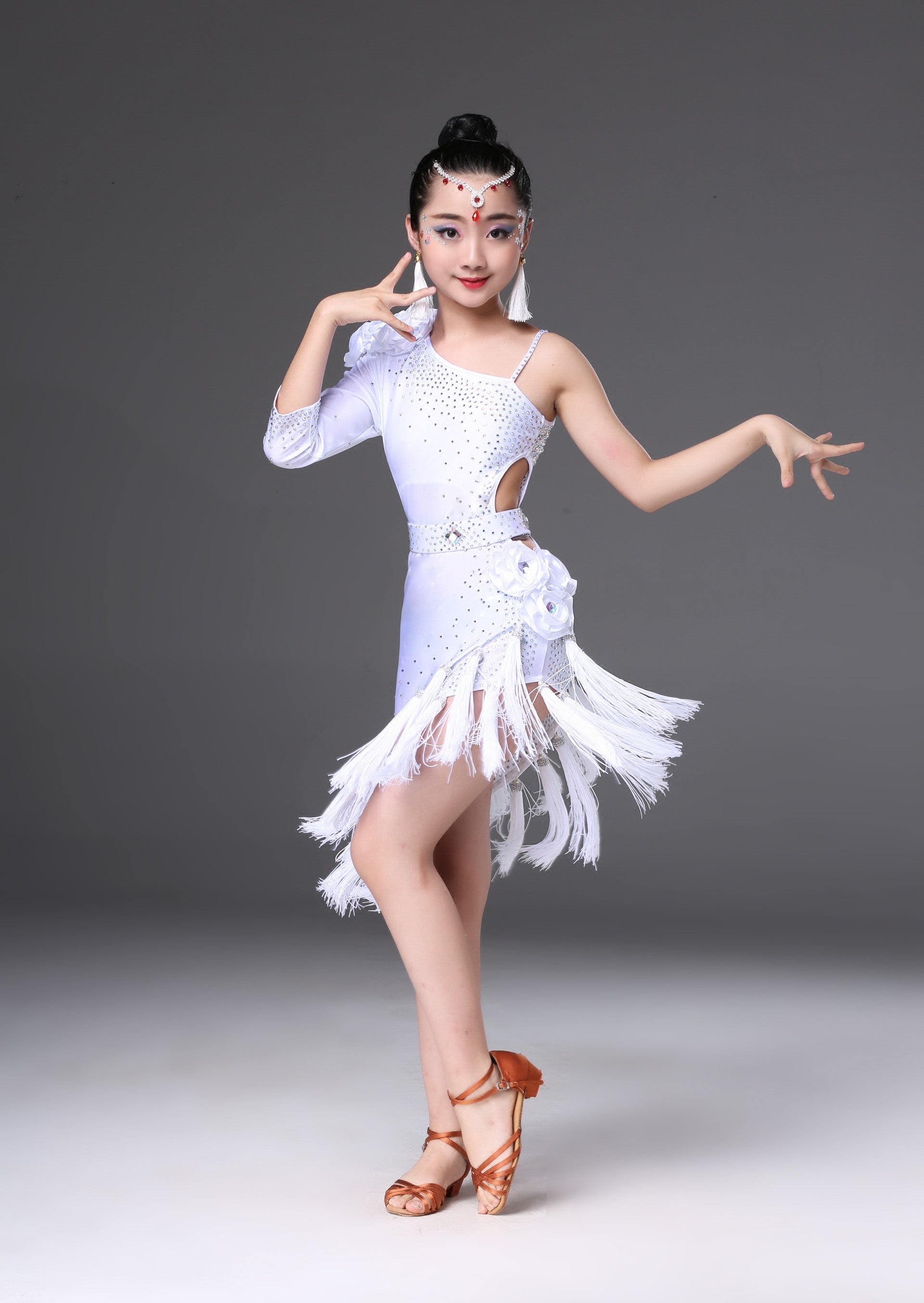 Children's Competition latin dance dresses blue pink red white slant one shoulder Latin dance performance costumes chacha rumba salsa dance outfits - Moderndancedress.com