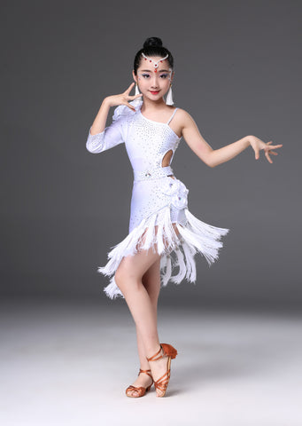 Children's Competition latin dance dresses blue pink red white slant one shoulder Latin dance performance costumes chacha rumba salsa dance outfits - Moderndancedress.com