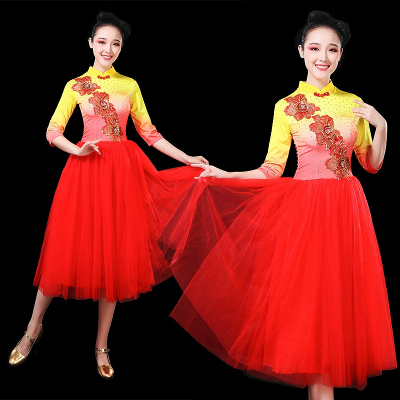 Chinese Folk Dance Costume Modern Dance Garments Adult Mid-long Opening Dance Dresses Women&amp;apos;s Chorus Dresses