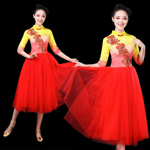 Chinese Folk Dance Costume Modern Dance Garments Adult Mid-long Opening Dance Dresses Women&amp;apos;s Chorus Dresses - Moderndancedress.com