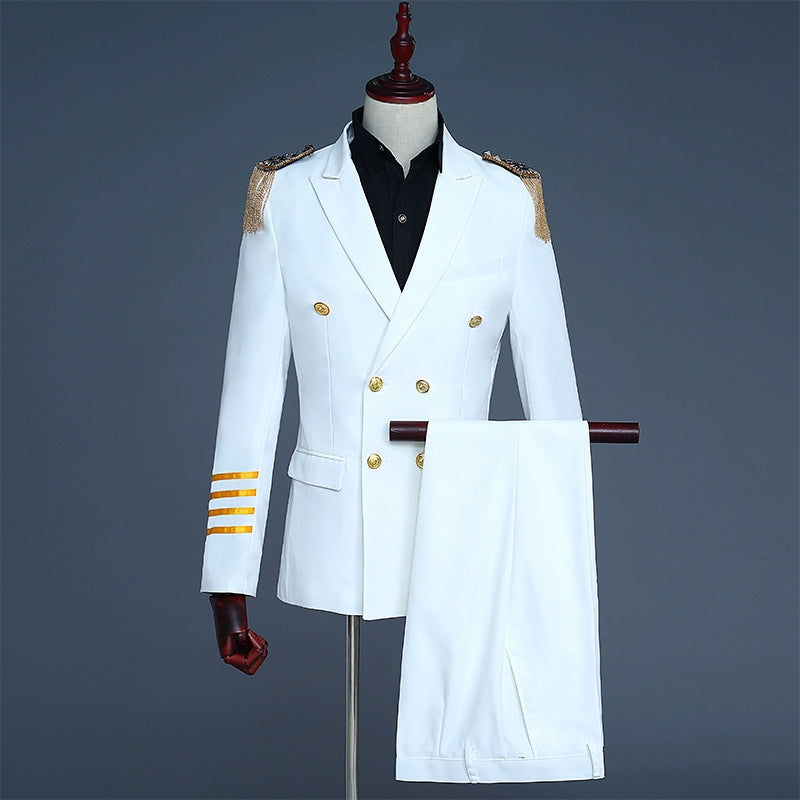 Double-breasted suit dress uniforms male captain suit fringed epaulets dress costumes presided DJ personality suits
