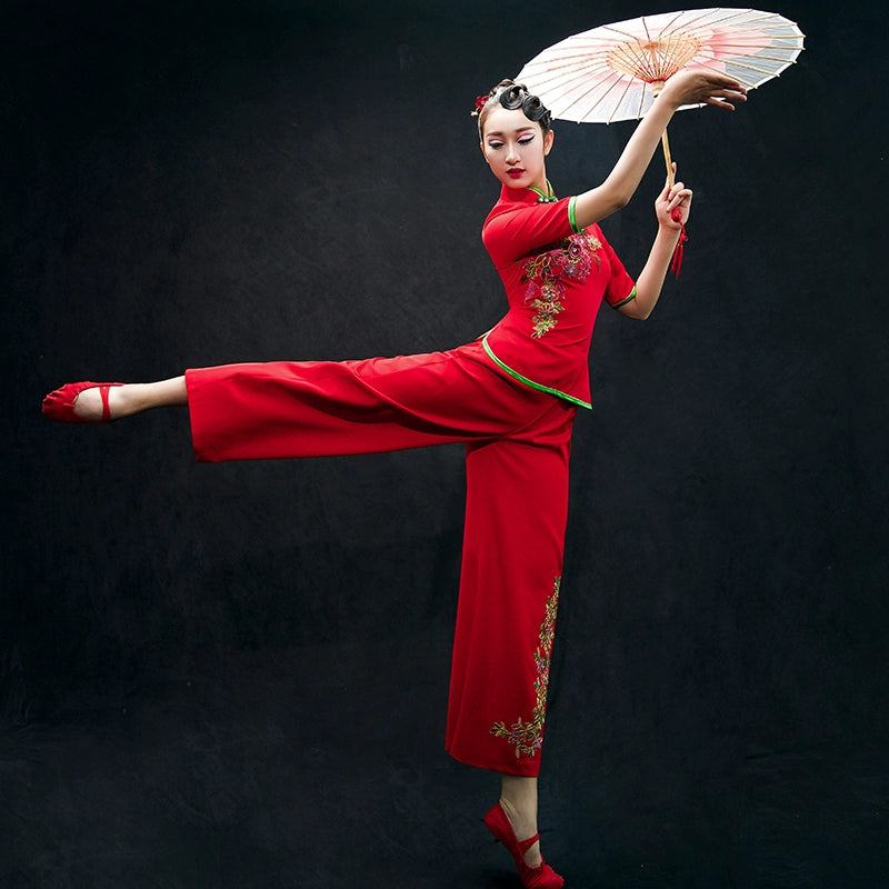 Chinese Folk Dance Costumes Yangko costume, umbrella dance, classical dance costume, female square fan suit for adults - Moderndancedress.com